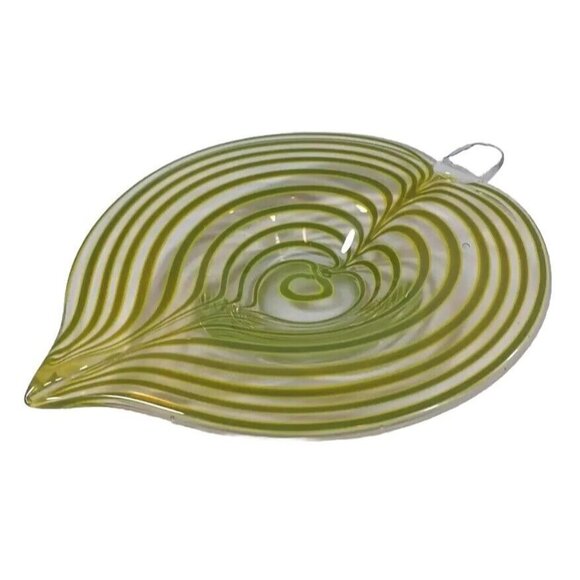 Mid Century Murano Centerpiece Bowl Tyra Lundgren Leaf Stripes Green Yellow - Picture 7 of 16